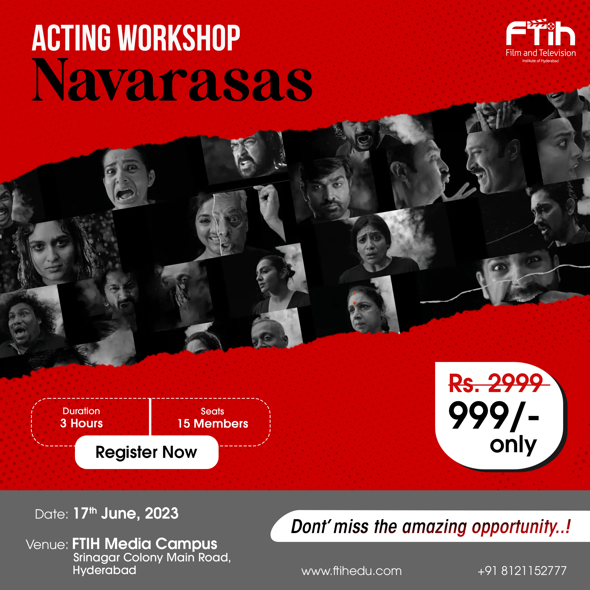 Participants engrossed in a Navarasas acting workshop, expressing a range of emotions including love, laughter, anger, courage, fear, disgust, wonder, compassion, and peace.